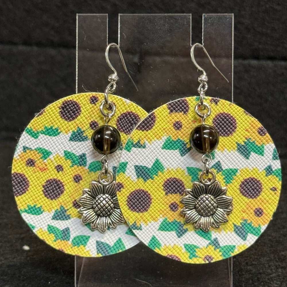 Sunflower Patterned Faux Leather Earrings with Charms